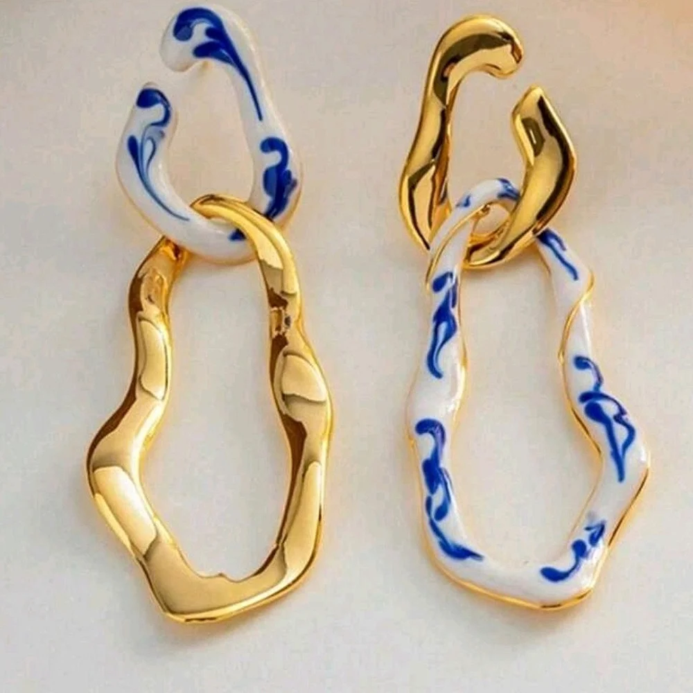 Asymmetrical earrings; white & blue enamel boho earrings; nwot - Picture 1 of 7